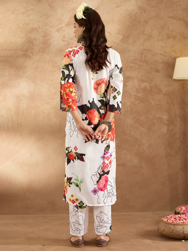 Indo Era White Printed Straight Kurta Trousers Set - Distacart
