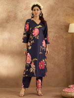 Thumbnail for Indo Era Navy Blue Printed Straight Kurta Trousers Set - Distacart