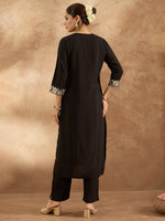 Thumbnail for Indo Era Black Embroidered Straight Kurta Trousers Set - Distacart