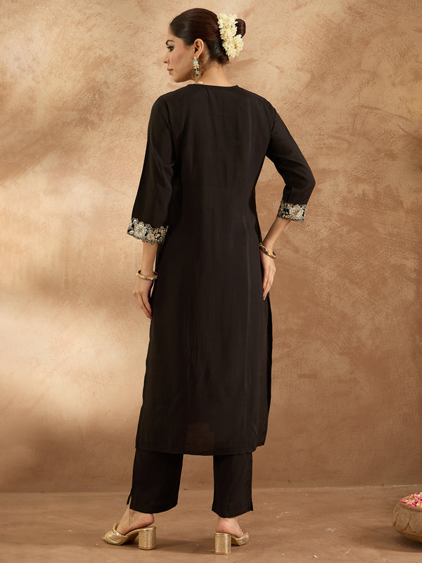 Indo Era Black Embroidered Straight Kurta Trousers Set - Distacart