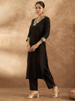 Thumbnail for Indo Era Black Embroidered Straight Kurta Trousers Set - Distacart