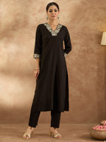 Thumbnail for Indo Era Black Embroidered Straight Kurta Trousers Set - Distacart