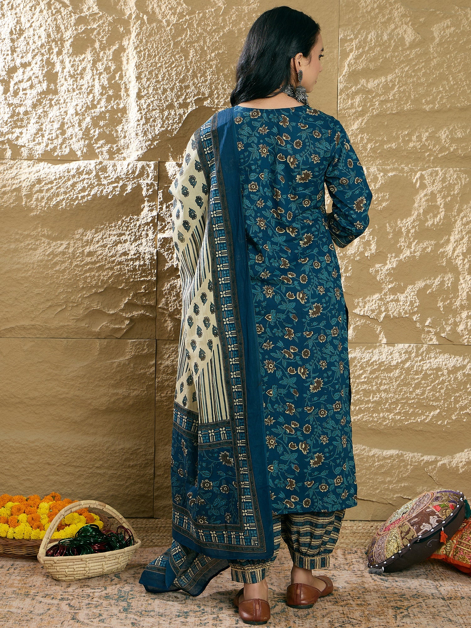 Indo Era Teal Printed Straight Kurta Salwar With Dupatta set - Distacart