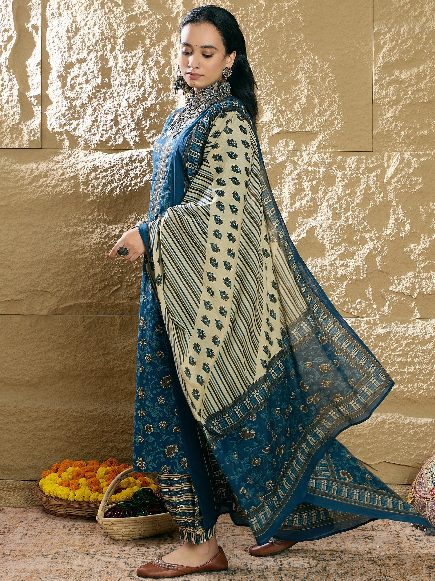 Indo Era Teal Printed Straight Kurta Salwar With Dupatta set - Distacart