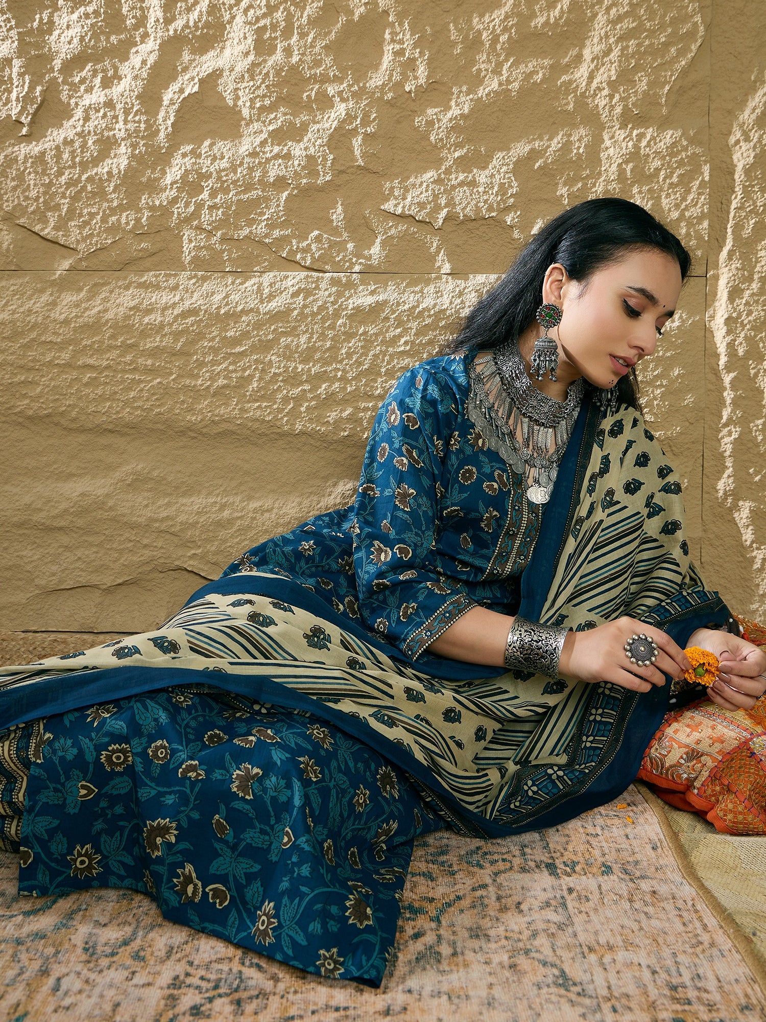 Indo Era Teal Printed Straight Kurta Salwar With Dupatta set - Distacart