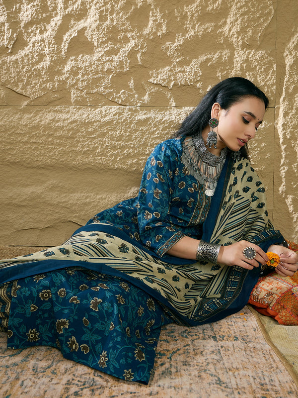 Indo Era Teal Printed Straight Kurta Salwar With Dupatta set - Distacart