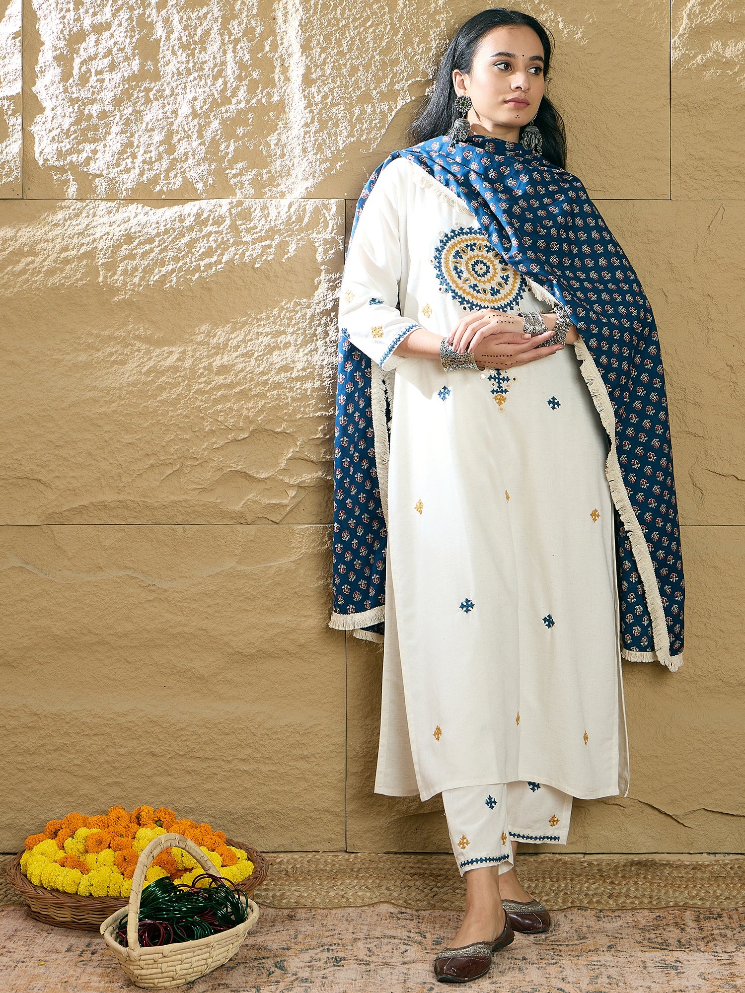 Indo Era Cream Embroidered Straight Kurta Trousers With Dupatta Set - Distacart