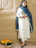 Thumbnail for Indo Era Cream Embroidered Straight Kurta Trousers With Dupatta Set - Distacart
