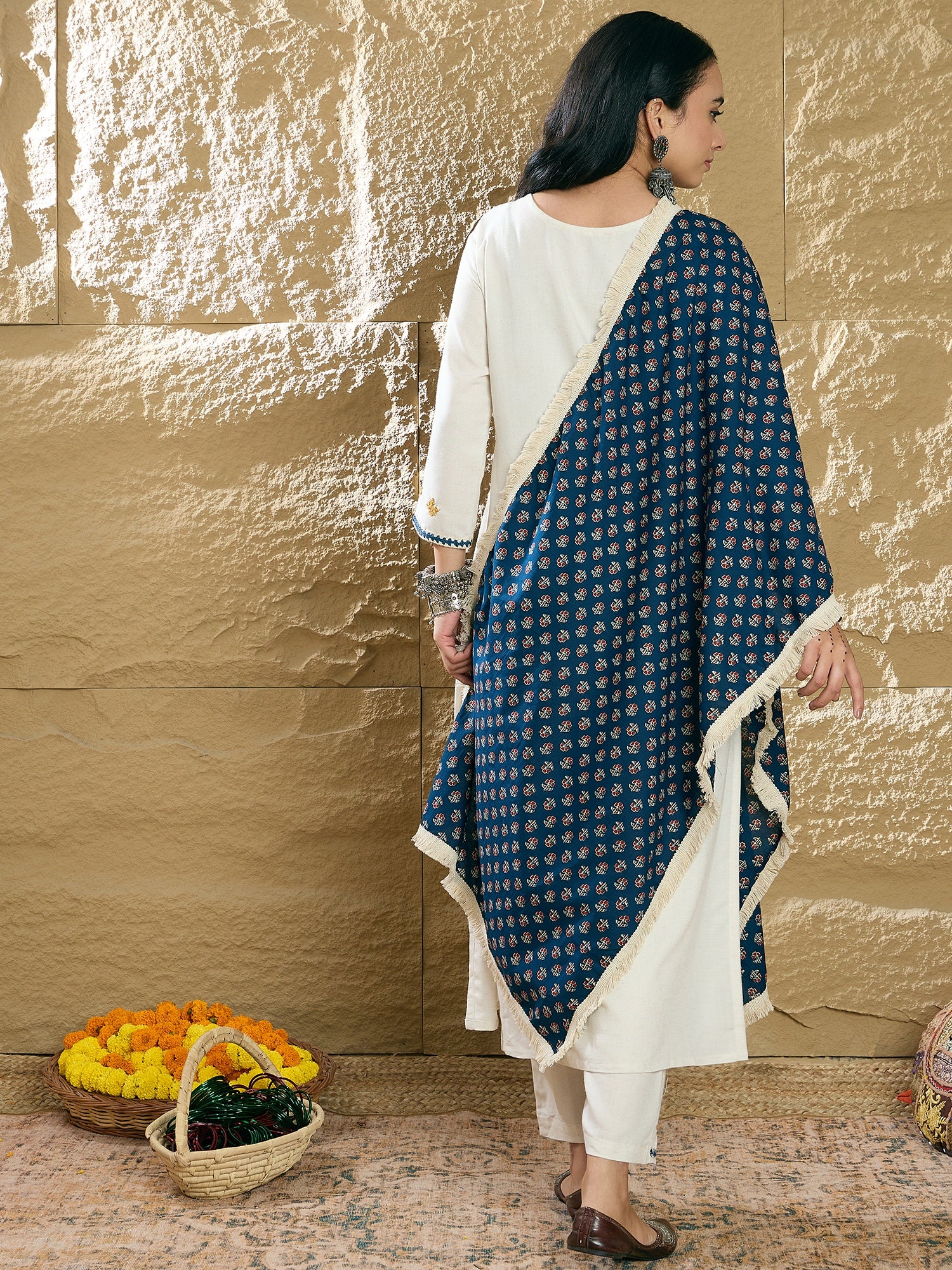 Indo Era Cream Embroidered Straight Kurta Trousers With Dupatta Set - Distacart