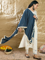 Thumbnail for Indo Era Cream Embroidered Straight Kurta Trousers With Dupatta Set - Distacart