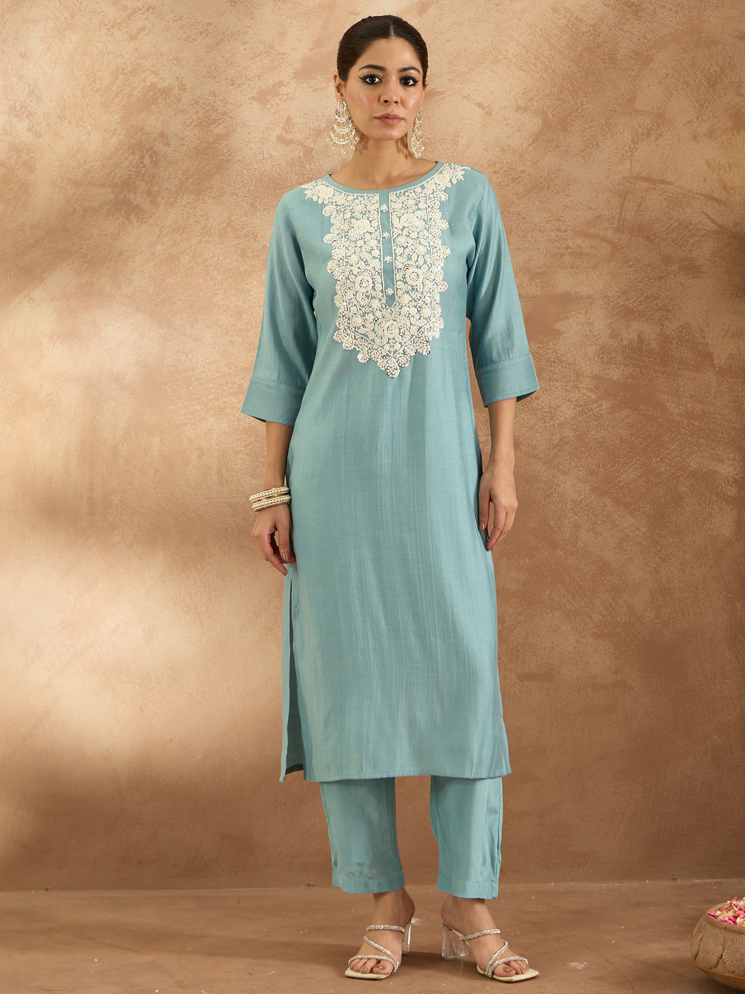 Indo Era Blue Embroidered Straight Kurta Trousers Set - Distacart