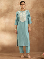 Thumbnail for Indo Era Blue Embroidered Straight Kurta Trousers Set - Distacart