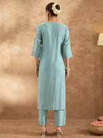 Thumbnail for Indo Era Blue Embroidered Straight Kurta Trousers Set - Distacart