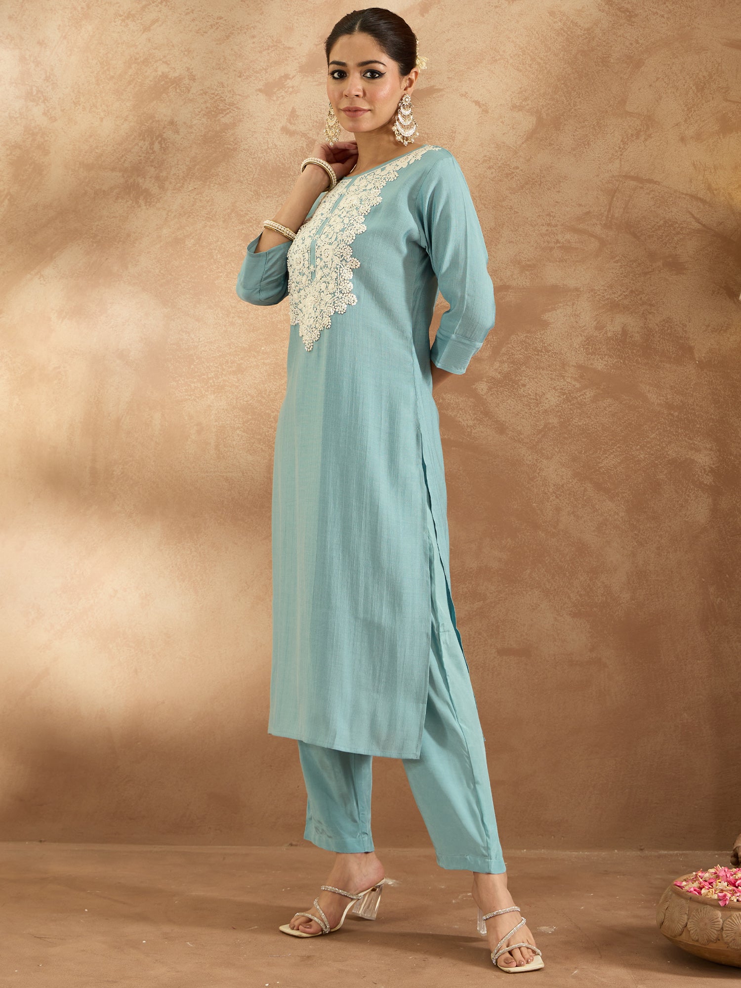 Indo Era Blue Embroidered Straight Kurta Trousers Set - Distacart