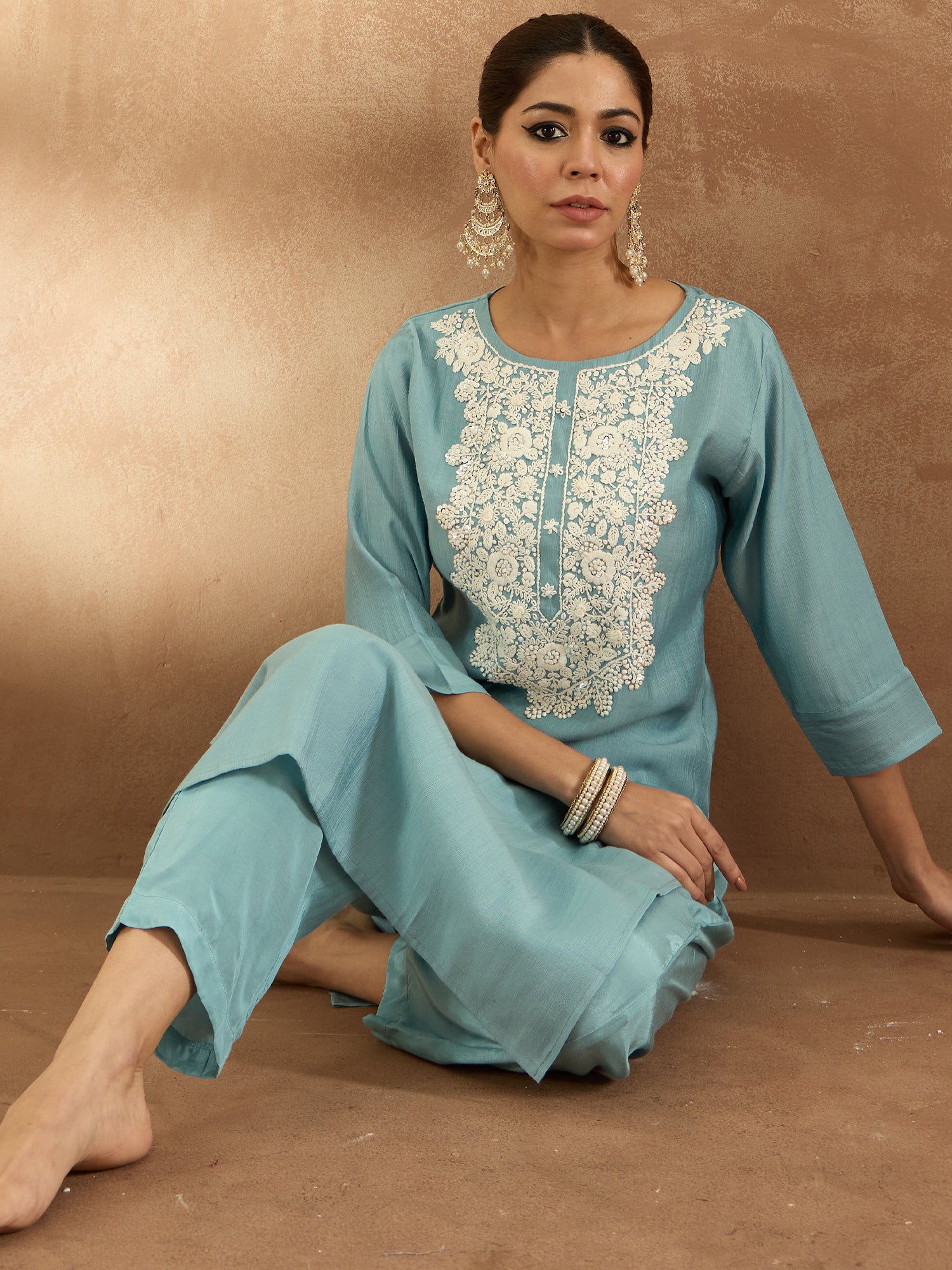 Indo Era Blue Embroidered Straight Kurta Trousers Set - Distacart