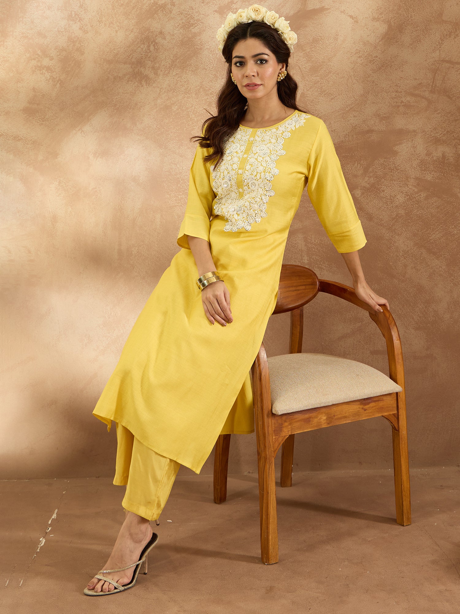Indo Era Yellow Embroidered Straight Kurta Trousers Set - Distacart