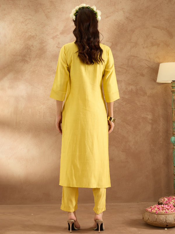 Indo Era Yellow Embroidered Straight Kurta Trousers Set - Distacart