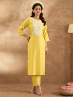 Thumbnail for Indo Era Yellow Embroidered Straight Kurta Trousers Set - Distacart