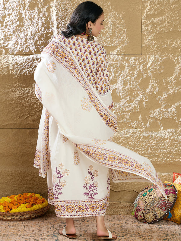 Indo Era White Printed A-Line Kurta Trousers With Dupatta Set - Distacart