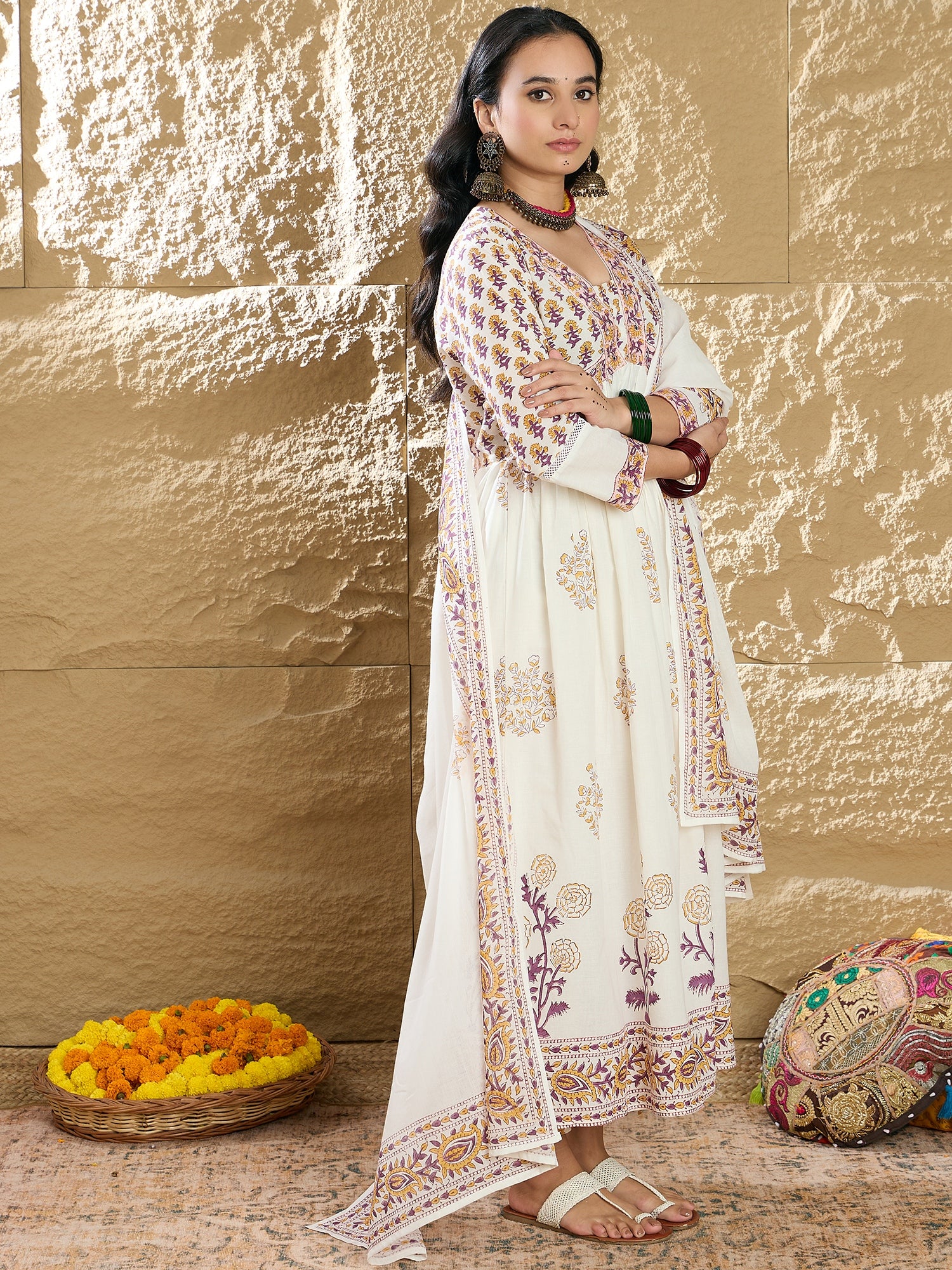 Indo Era White Printed A-Line Kurta Trousers With Dupatta Set - Distacart