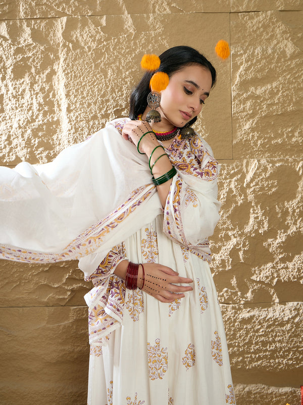 Indo Era White Printed A-Line Kurta Trousers With Dupatta Set - Distacart