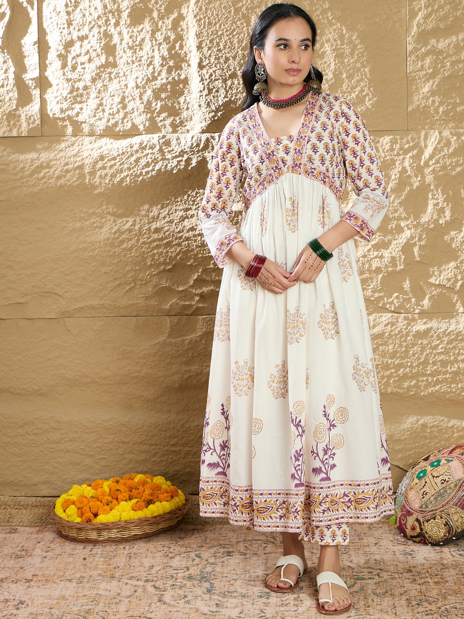 Indo Era White Printed A-Line Kurta Trousers With Dupatta Set - Distacart