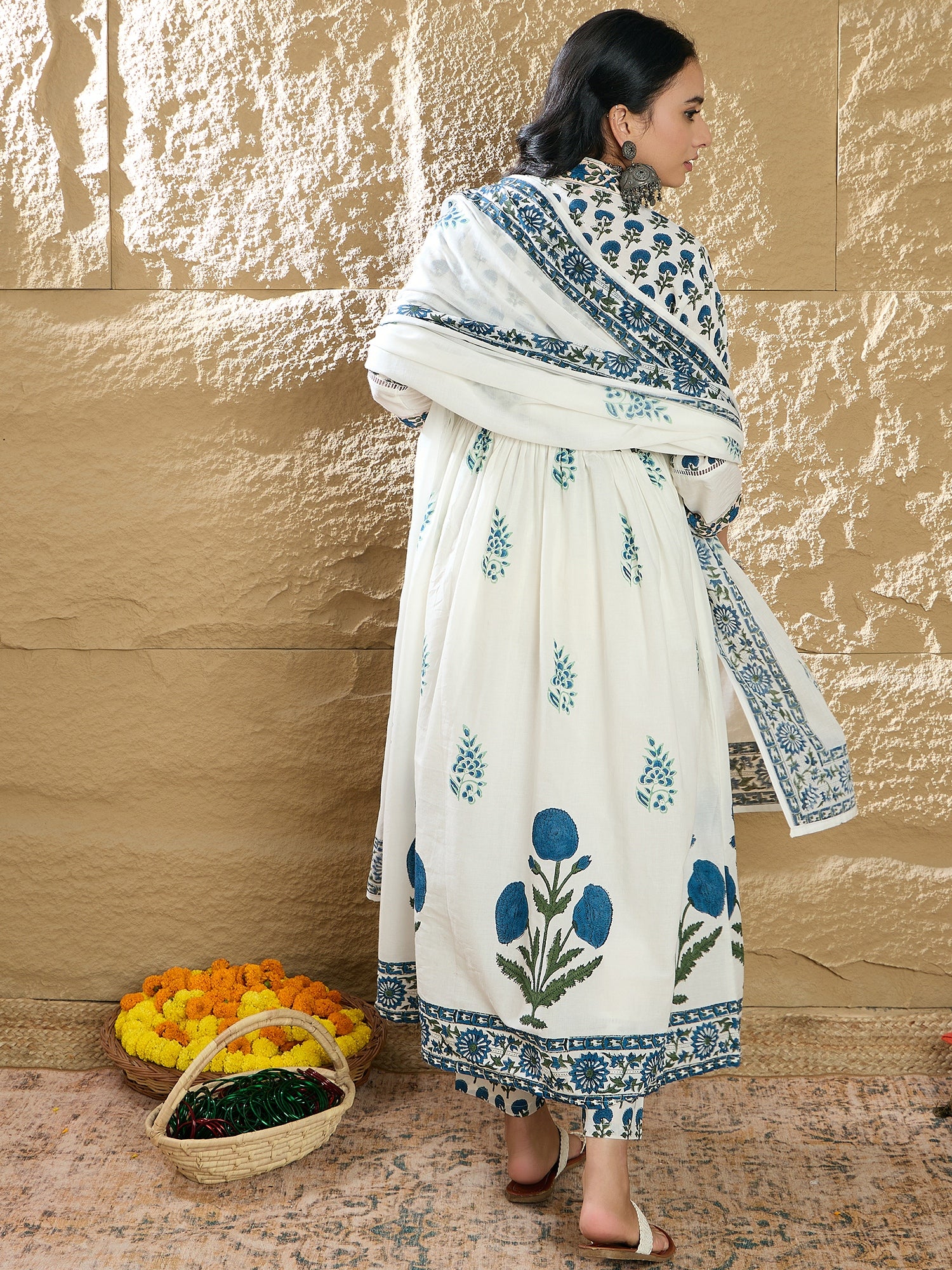 Indo Era White Printed A-Line Kurta Trousers With Dupatta Set - Distacart