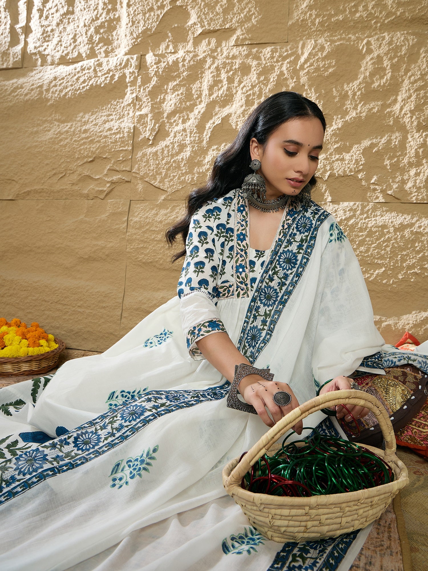 Indo Era White Printed A-Line Kurta Trousers With Dupatta Set - Distacart