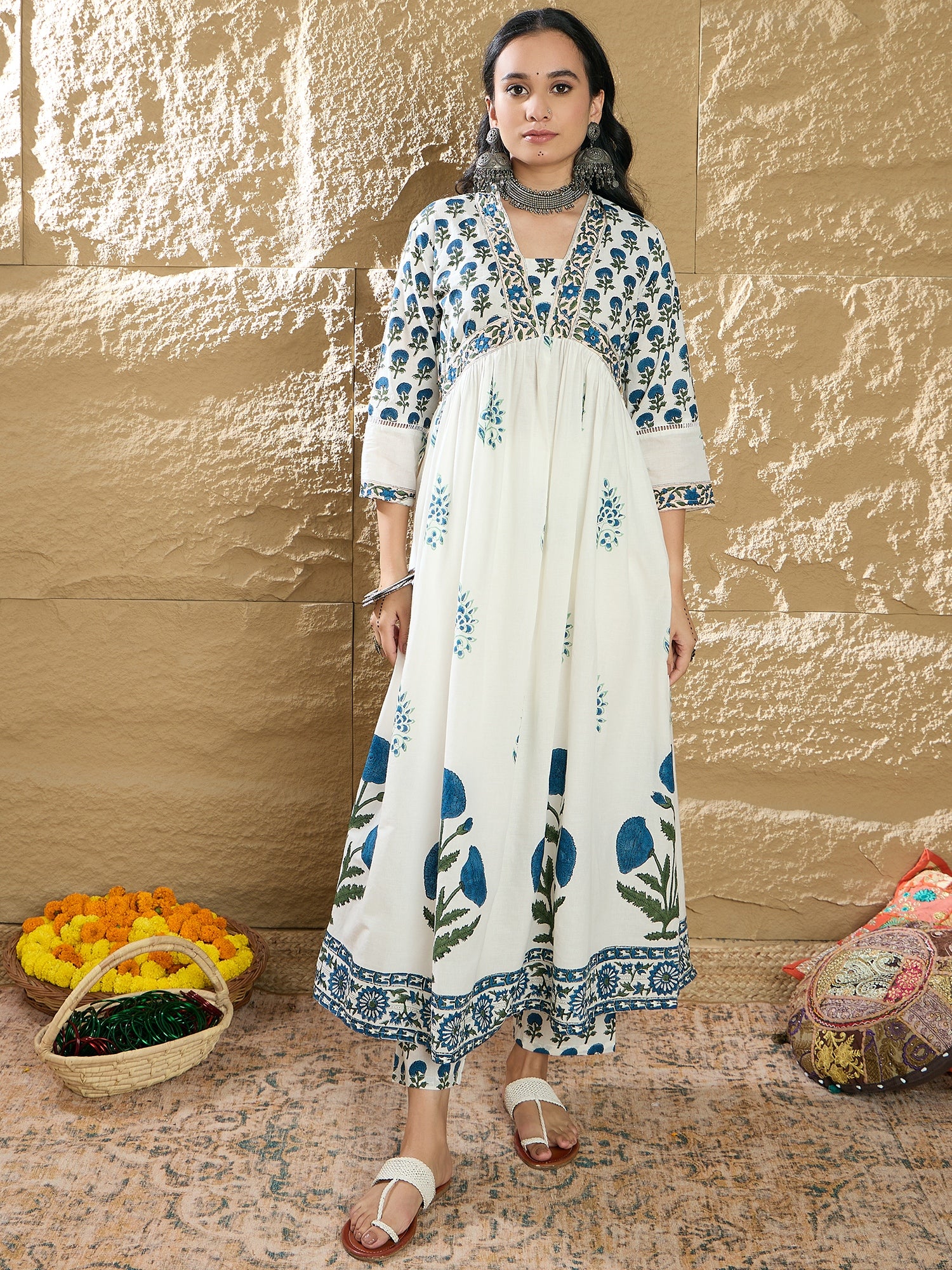 Indo Era White Printed A-Line Kurta Trousers With Dupatta Set - Distacart