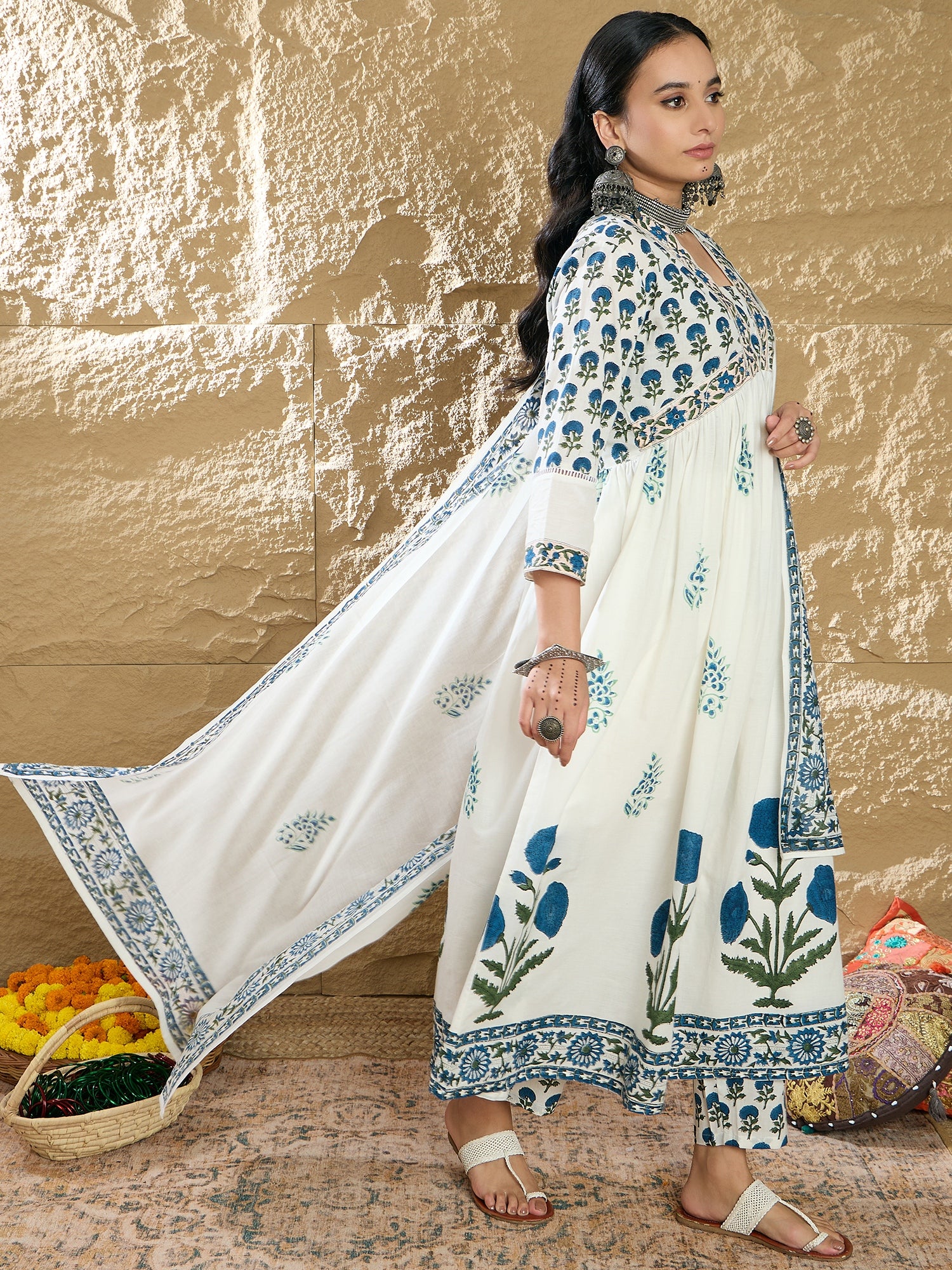 Indo Era White Printed A-Line Kurta Trousers With Dupatta Set - Distacart