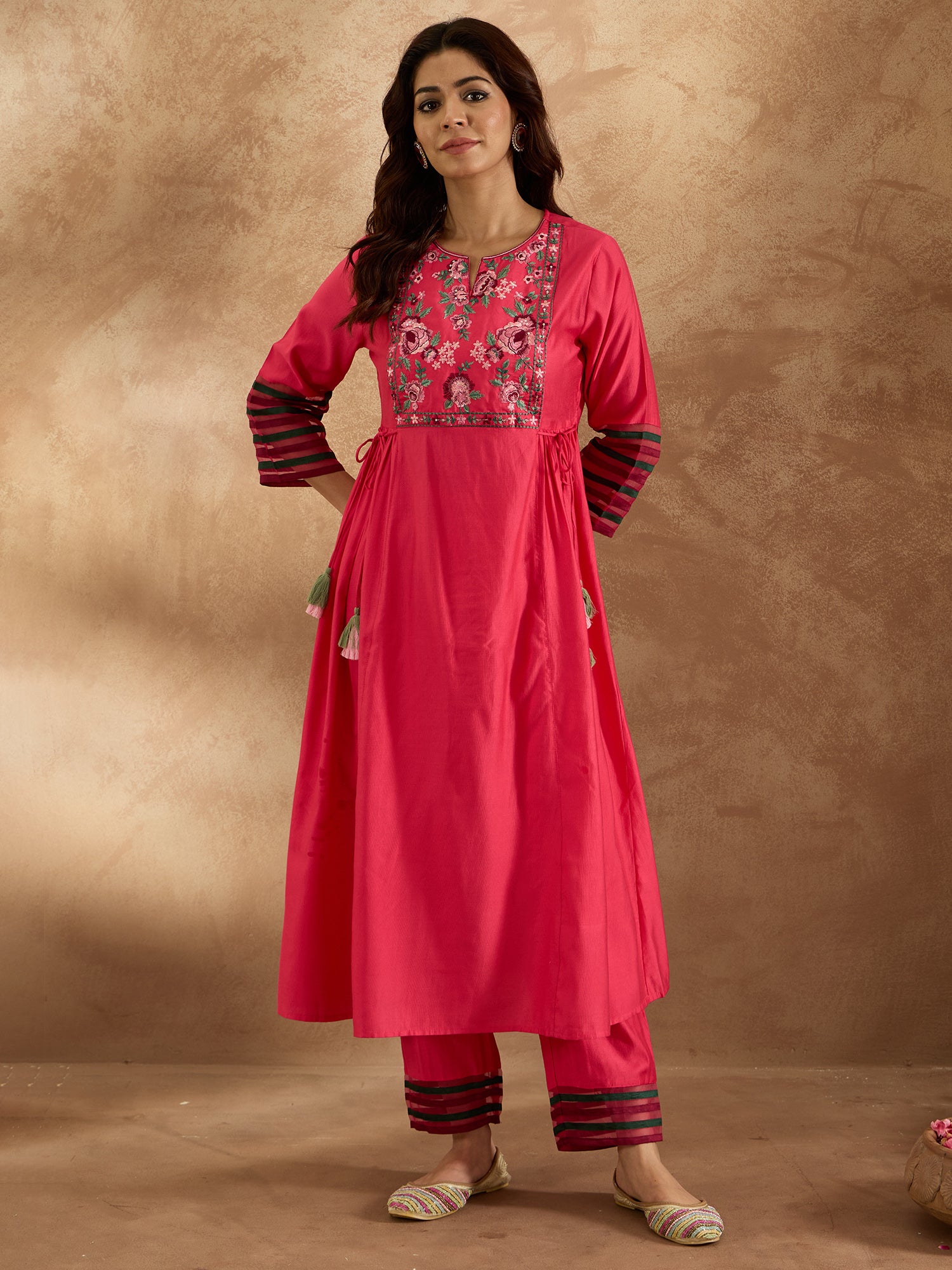 Indo Era Pink Embroidered A-Line Kurta Trousers Set - Distacart