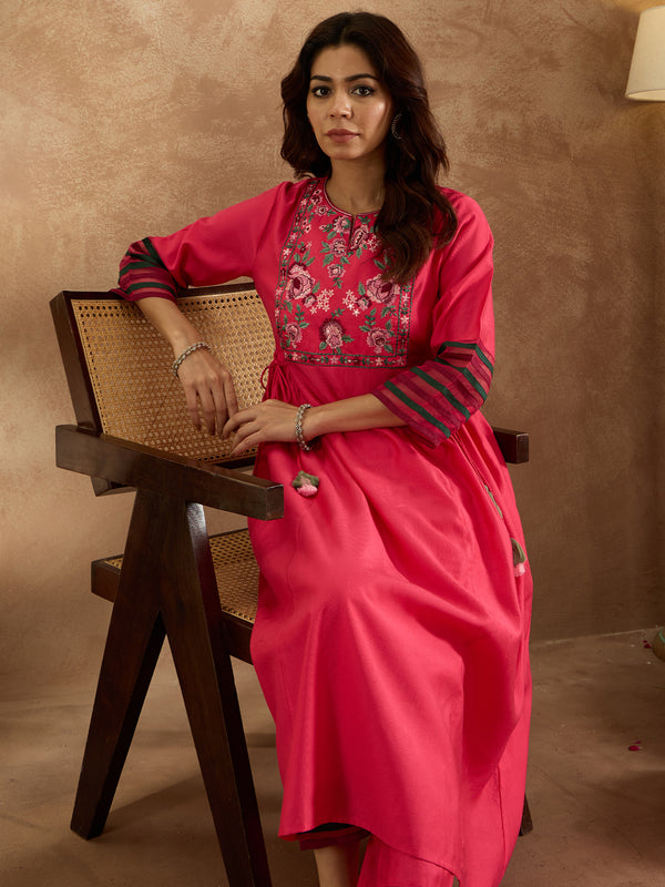 Indo Era Pink Embroidered A-Line Kurta Trousers Set - Distacart