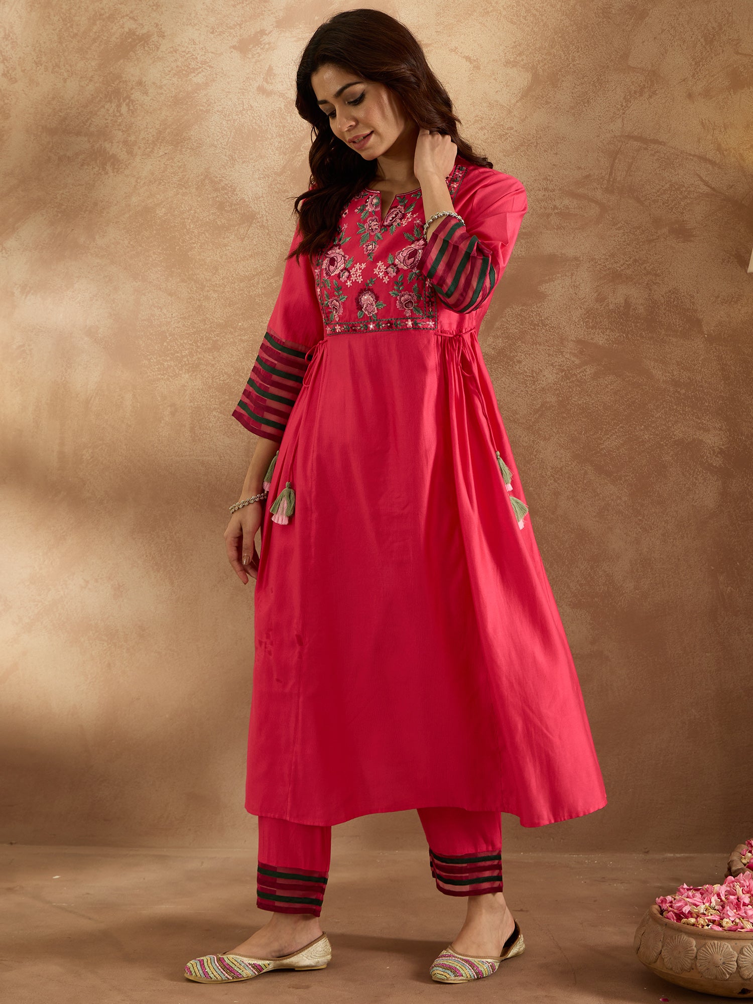 Indo Era Pink Embroidered A-Line Kurta Trousers Set - Distacart