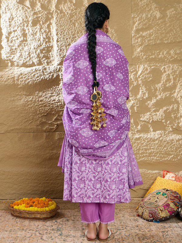 Indo Era Lavender Printed A-Line Kurta Trousers With Dupatta set - Distacart