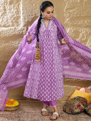 Indo Era Lavender Printed A-Line Kurta Trousers With Dupatta set - Distacart