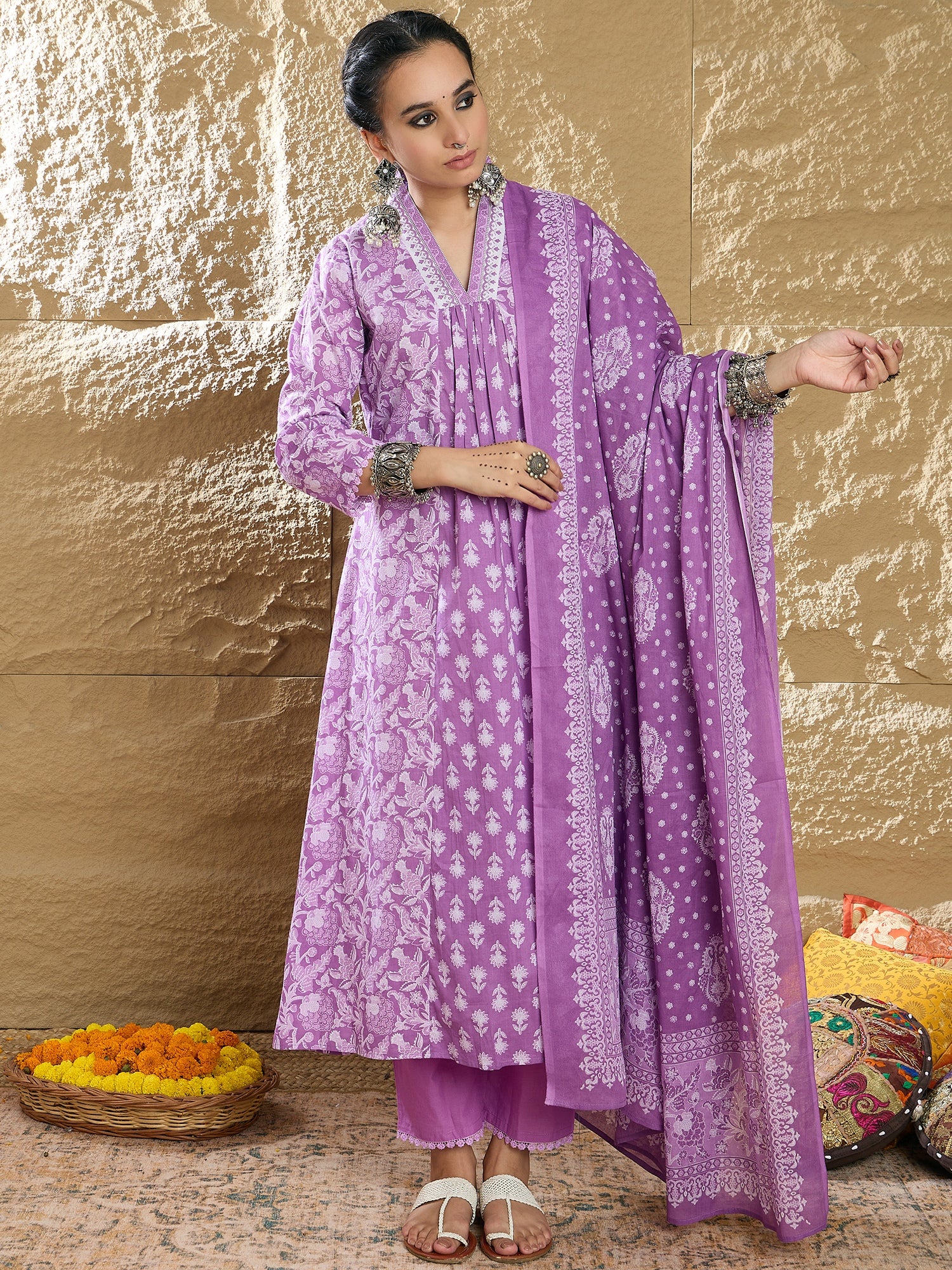 Indo Era Lavender Printed A-Line Kurta Trousers With Dupatta set - Distacart