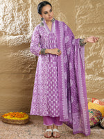 Thumbnail for Indo Era Lavender Printed A-Line Kurta Trousers With Dupatta set - Distacart