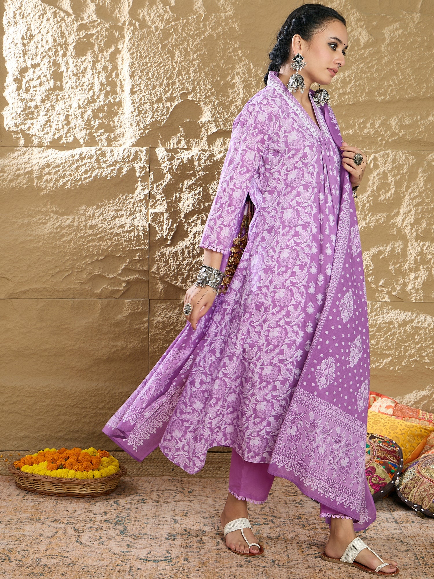 Indo Era Lavender Printed A-Line Kurta Trousers With Dupatta set - Distacart