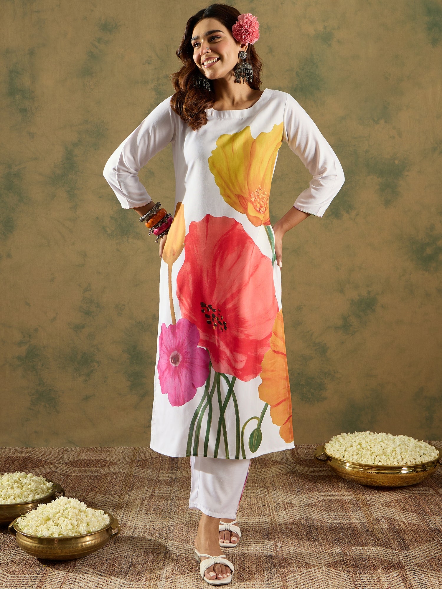 Indo Era White Printed Straight Kurta Trousers Set - Distacart