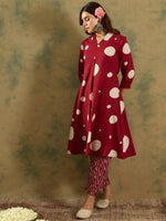 Thumbnail for Indo Era Maroon Printed A-Line Kurta Trousers set - Distacart