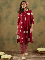 Thumbnail for Indo Era Maroon Printed A-Line Kurta Trousers set - Distacart