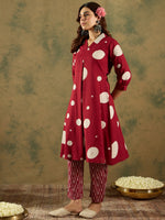 Thumbnail for Indo Era Maroon Printed A-Line Kurta Trousers set - Distacart