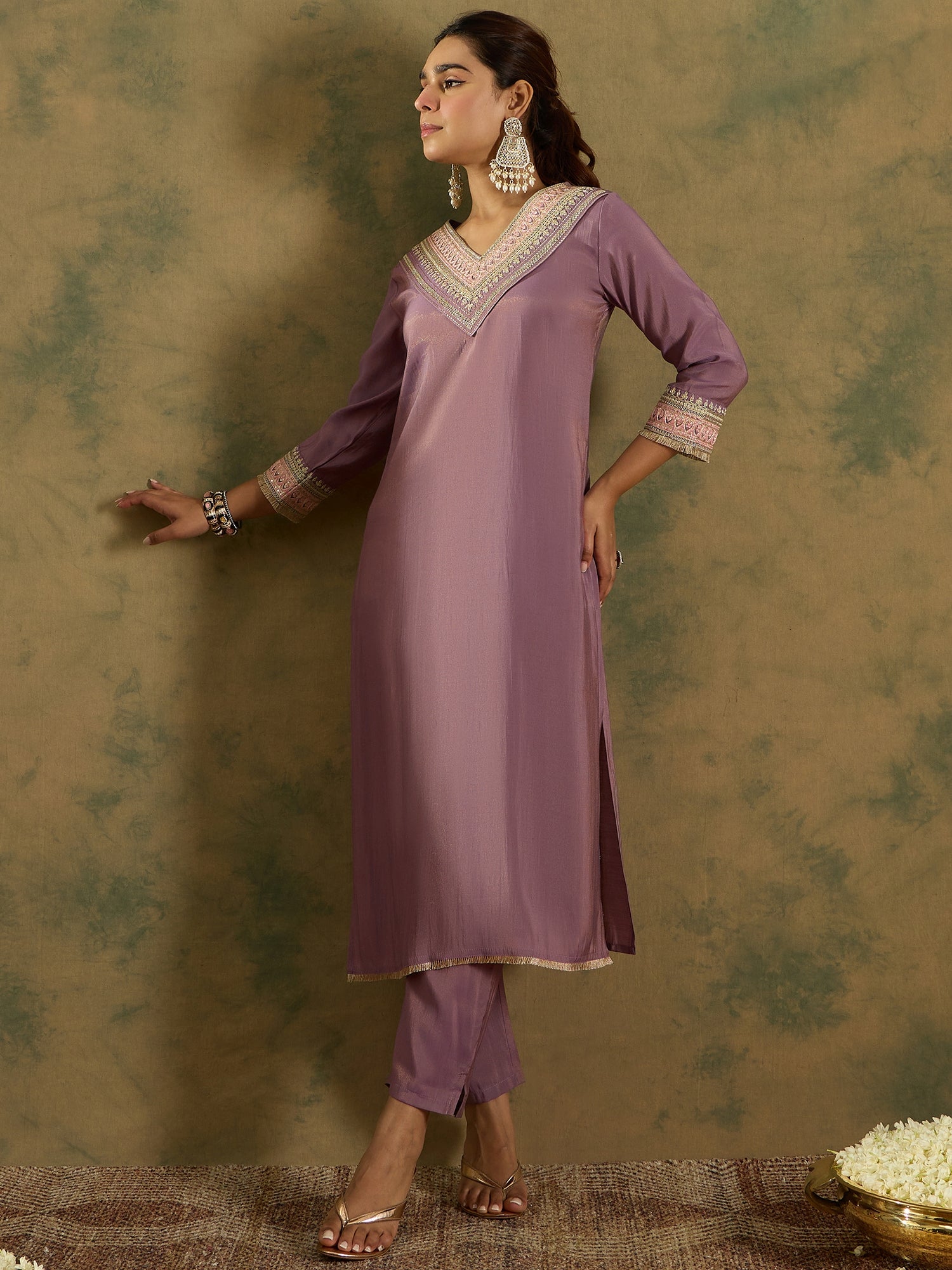 Indo Era Lavender Embroidered Straight Kurta Trousers Set - Distacart