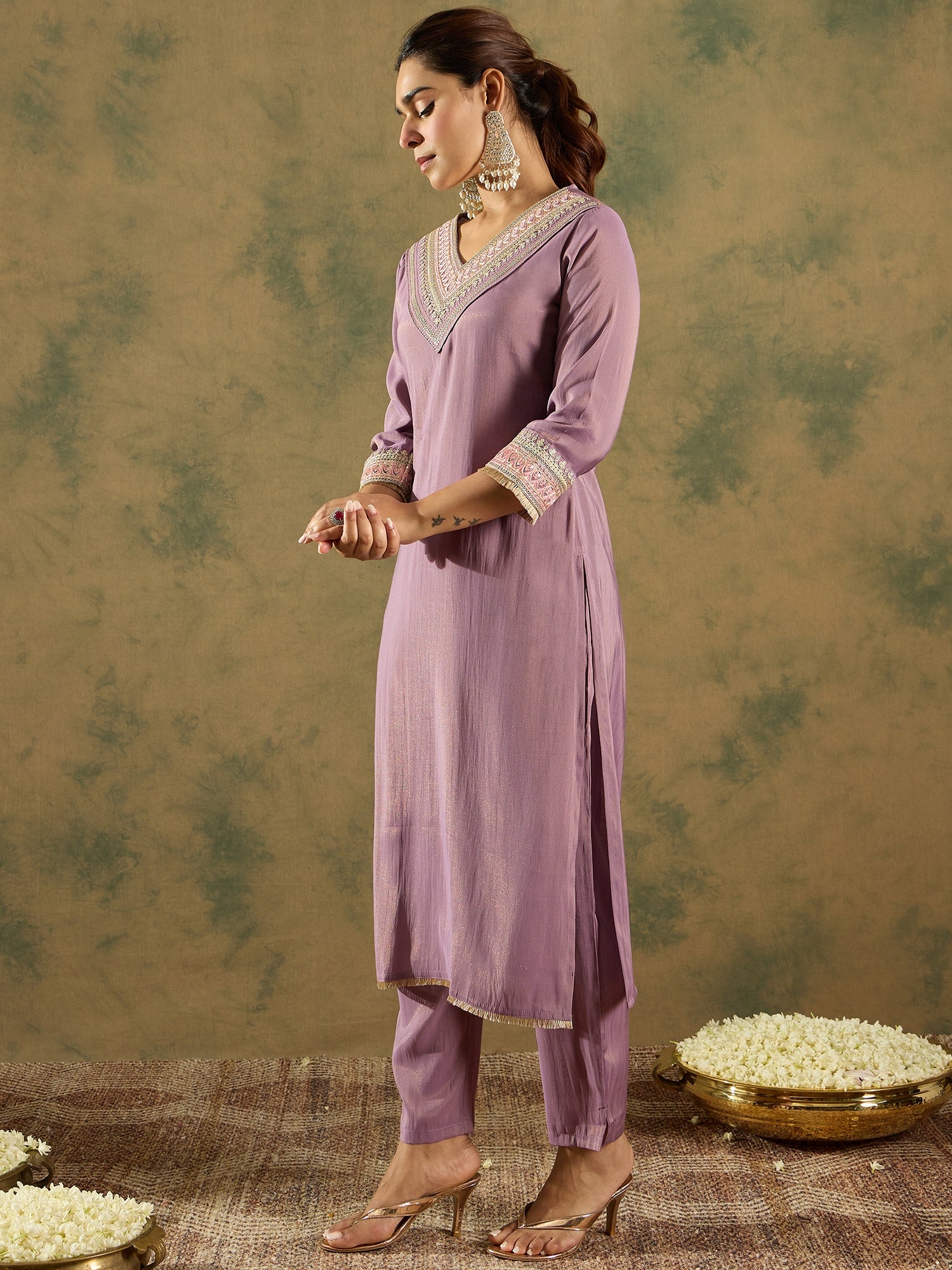 Indo Era Lavender Embroidered Straight Kurta Trousers Set - Distacart
