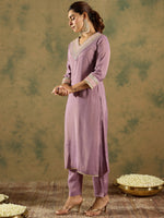 Thumbnail for Indo Era Lavender Embroidered Straight Kurta Trousers Set - Distacart