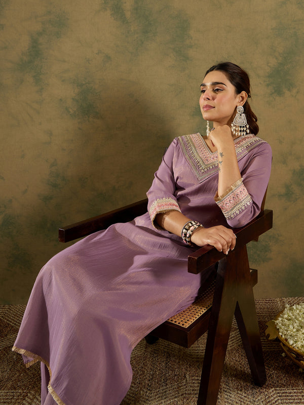 Indo Era Lavender Embroidered Straight Kurta Trousers Set - Distacart