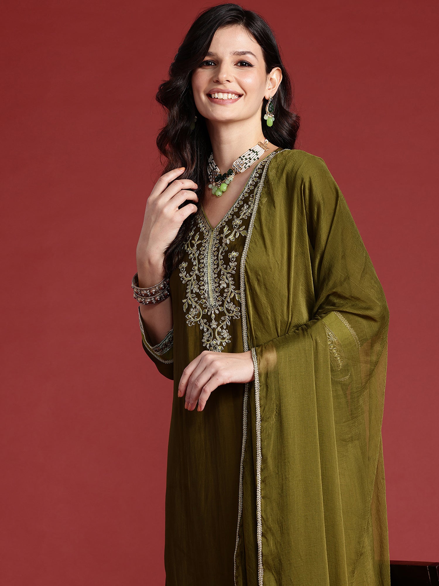 Indo Era Green Embroidered Straight Kurta Trousers With Dupatta set - Distacart