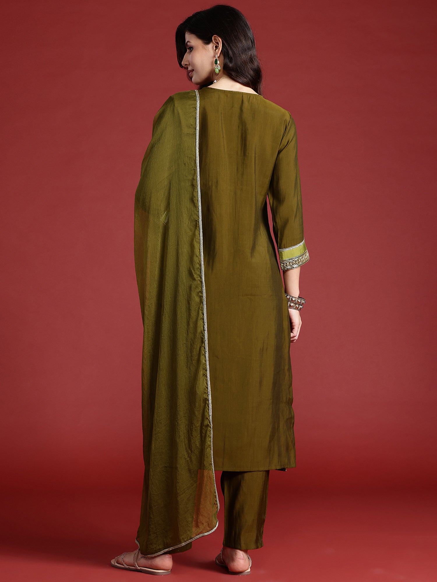 Indo Era Green Embroidered Straight Kurta Trousers With Dupatta set - Distacart