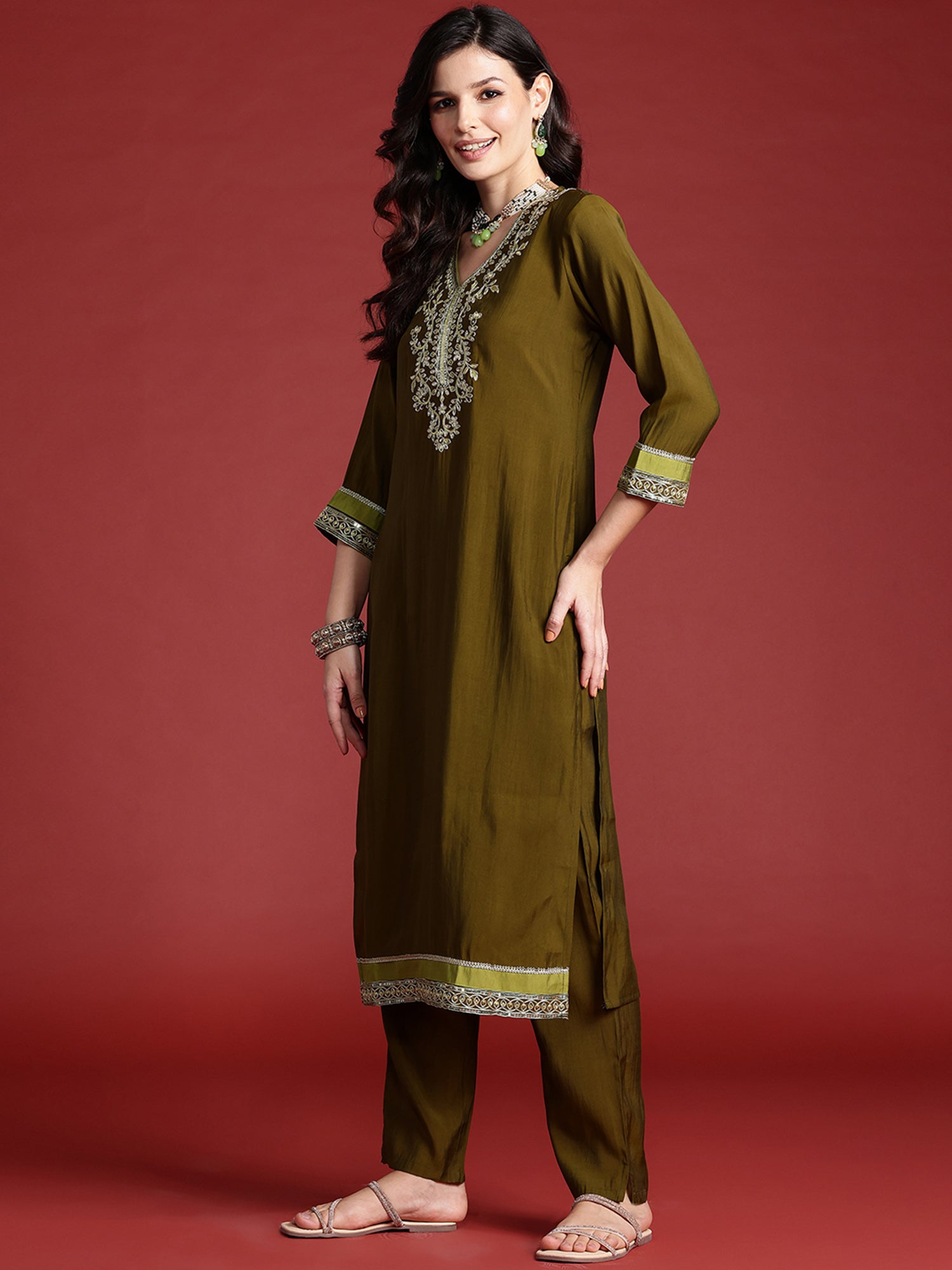 Indo Era Green Embroidered Straight Kurta Trousers With Dupatta set - Distacart