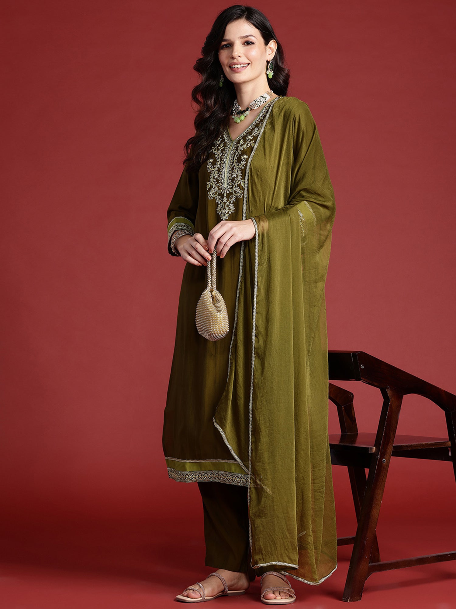 Indo Era Green Embroidered Straight Kurta Trousers With Dupatta set - Distacart